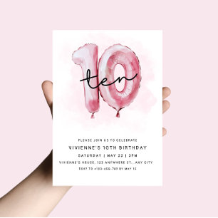 Invitación de globo rosa para cumpleaños número 10