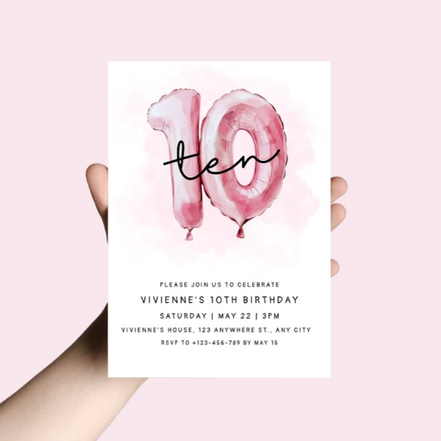 Invitación de globo rosa para cumpleaños número 10 (Subido por el creador)