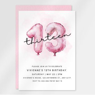 Invitación de globo rosa para cumpleaños número 13