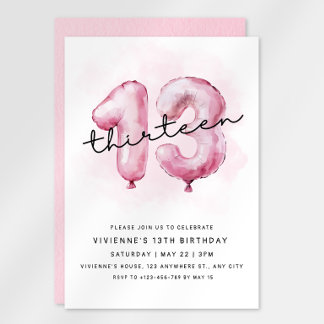 Invitación de globo rosa para cumpleaños número 13