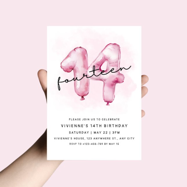 Invitación de globo rosa para el 14 cumpleaños (Subido por el creador)