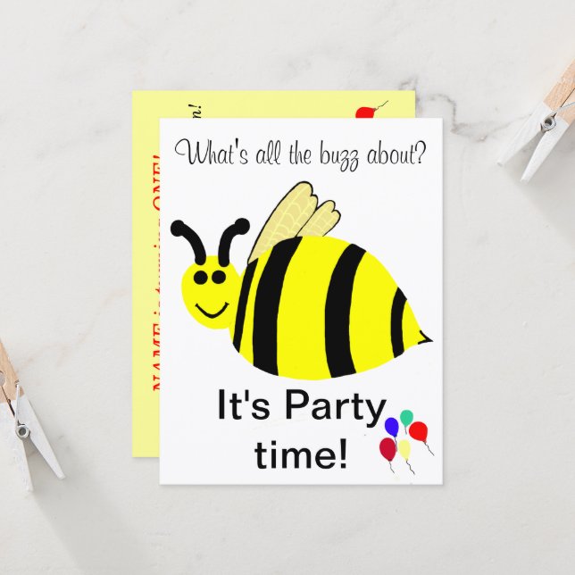 Invitación de globos de abeja para el 1er cumpleañ (Anverso/Reverso In Situ)