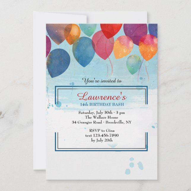Invitación de globos de acuarela (Anverso)
