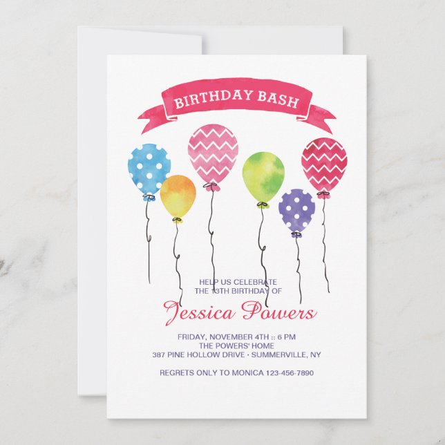Invitación de globos de cumpleaños (Anverso)