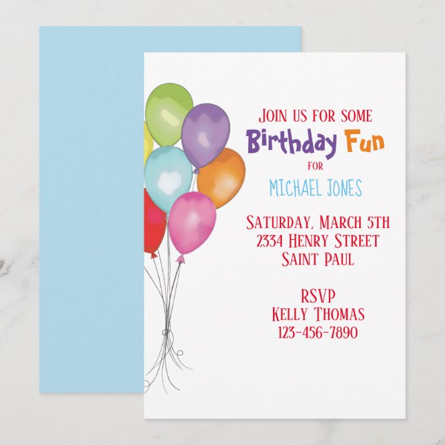 Invitación de globos de cumpleaños felices (Anverso / Reverso)