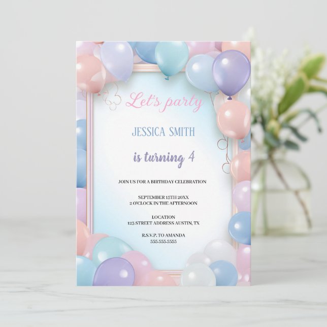 invitación de globos de cumpleaños multicolor (Anverso de pie)