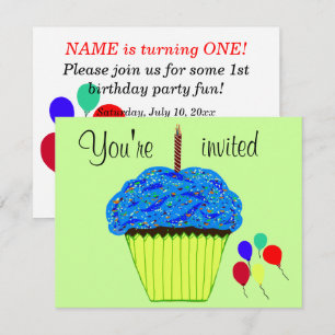 Invitación de globos de cupcake azul para el prime