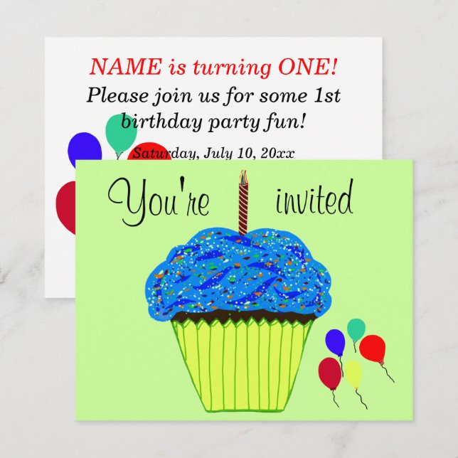 Invitación de globos de cupcake azul para el prime (Anverso / Reverso)