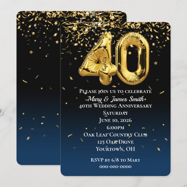 Invitación de globos de oro con confeti para anive (Anverso / Reverso)