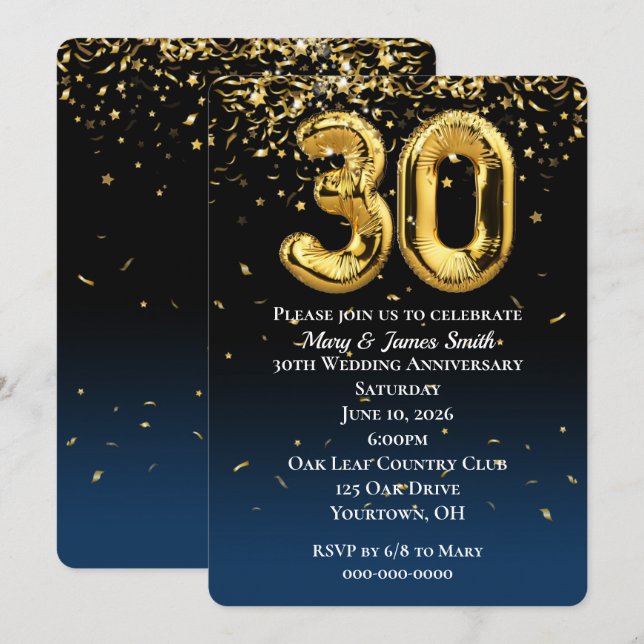 Invitación de globos de oro con confeti para anive (Anverso / Reverso)