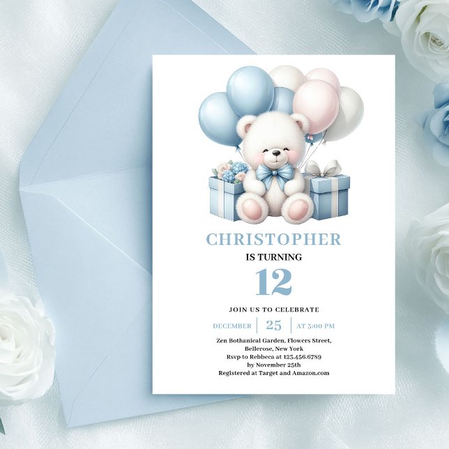 Invitación de globos de osito de peluche para cump (Teddy bear balloon invitation for boy birthday)