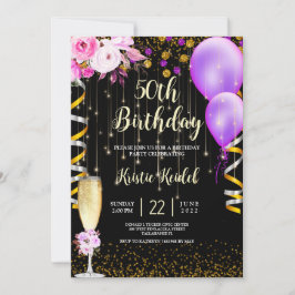 Invitación de globos morados y champán