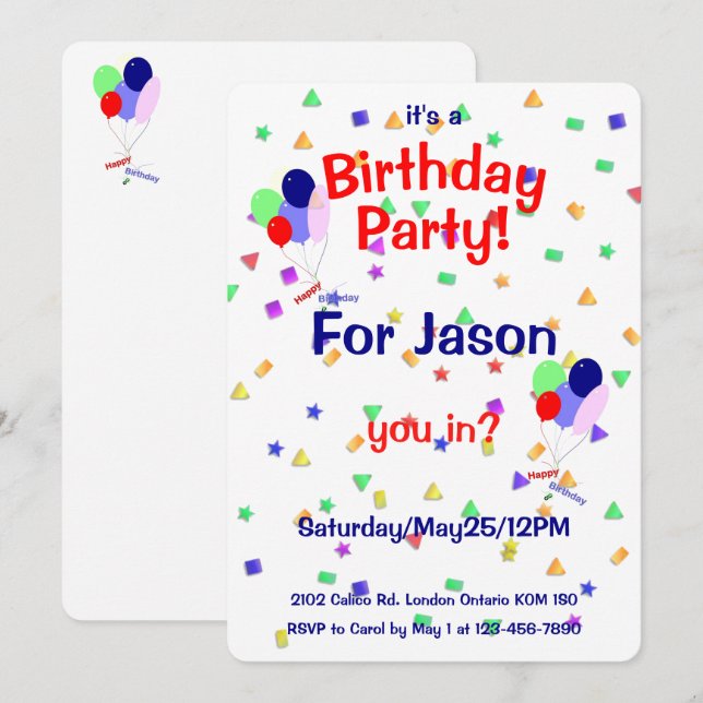 Invitación de globos para fiesta de cumpleaños (Anverso / Reverso)