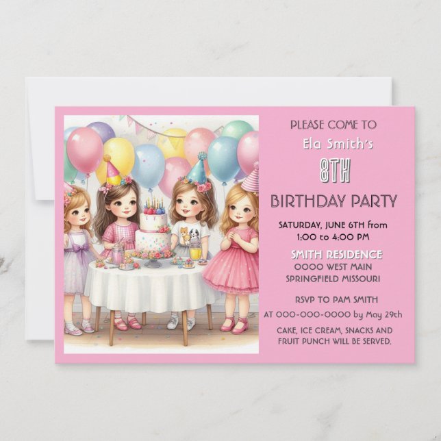 Invitación de globos rosados para niñas en su octa (Anverso)