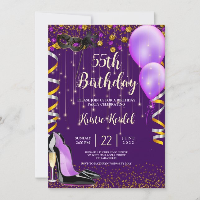 Invitación de globos y champán morado (Anverso)