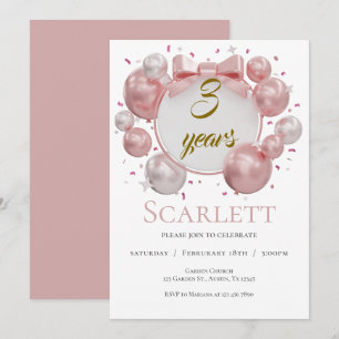 invitación de globos y lazos rosados para el terce