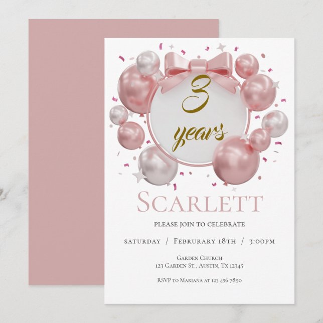 invitación de globos y lazos rosados para el terce (Anverso / Reverso)