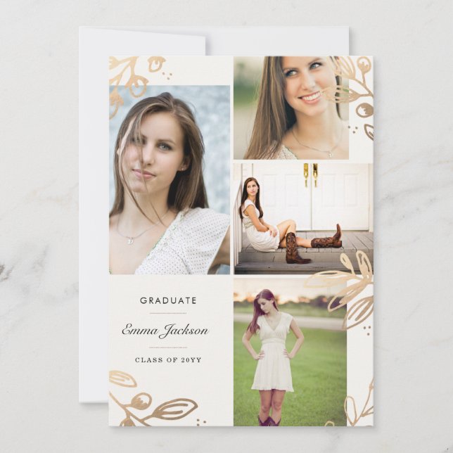 Invitación de Gold Leaves 4 Photo Grad (Anverso)