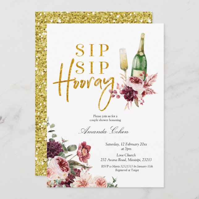 Invitación de Gold y Marsala Sip Sip Hooray (Anverso / Reverso)