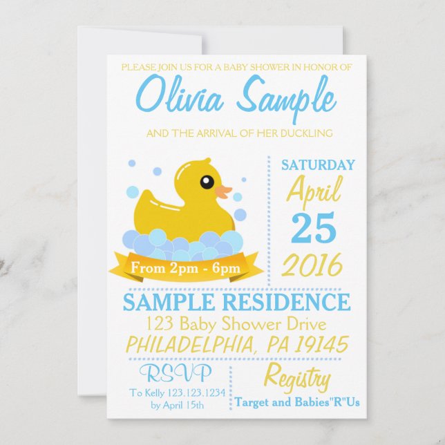 Invitación de goma de Baby Shower del pato (Anverso)