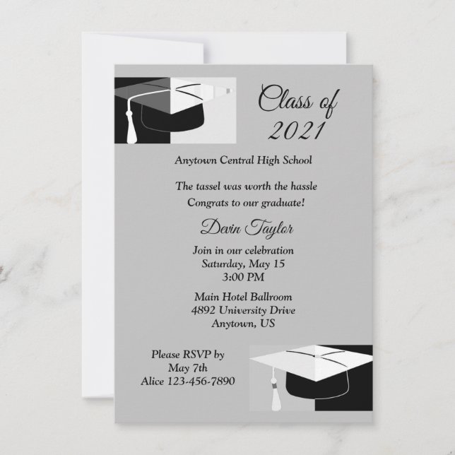Invitación de Gorras de graduación en blanco y neg (Anverso)