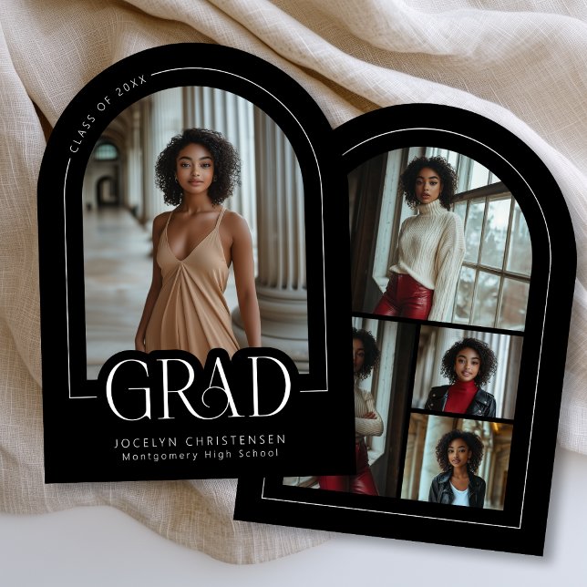 Invitación de Grad de Collage de fotos Blanco Negr (Front + Back)