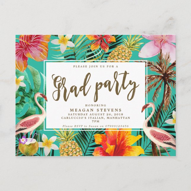 Invitación de Grad Party flamingo hibiscus tropica (Anverso)