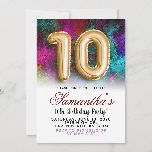 Invitación de gradiente de cumpleaños número 10 (Anverso)