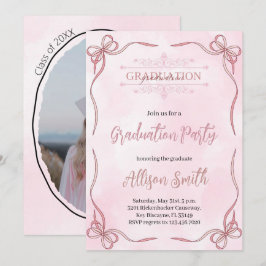 Invitación de grado de acuarela rosa suave con laz