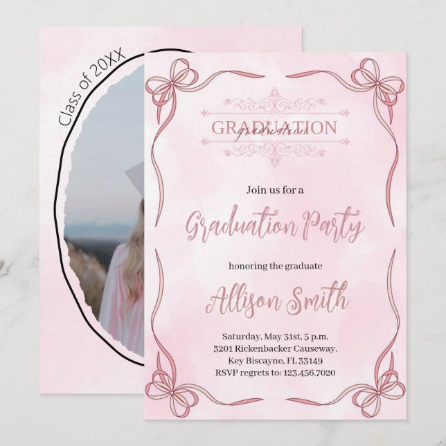 Invitación de grado de acuarela rosa suave con laz (Anverso / Reverso)