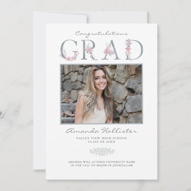 Invitación De Grado De Foto De Alfabeto Floral (Anverso)