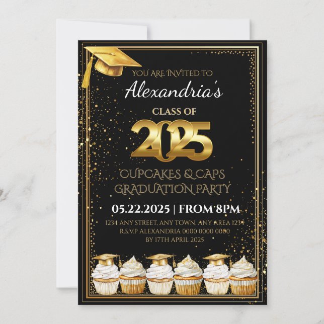 Invitación de graduación 2025 Cupcakes & Caps (Anverso)