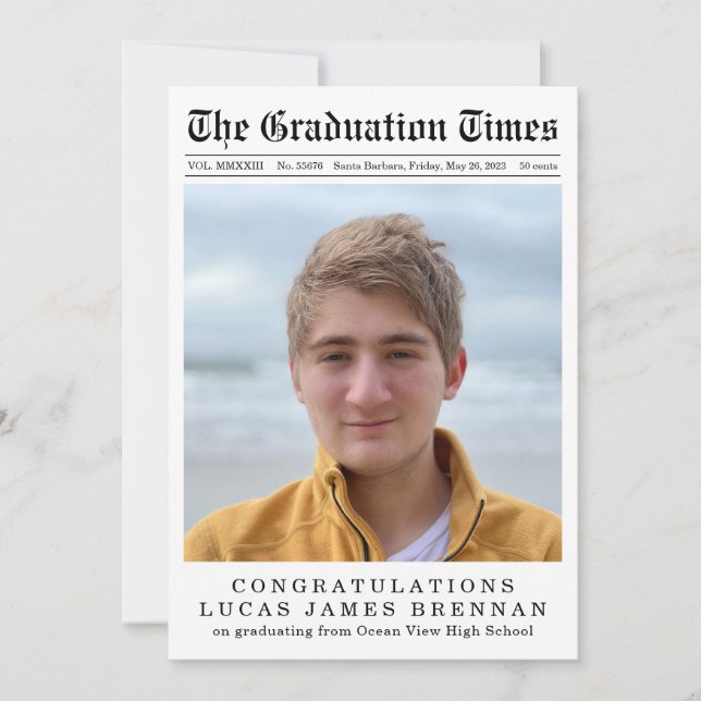 Invitación de graduación al estilo de un periódico (Anverso)