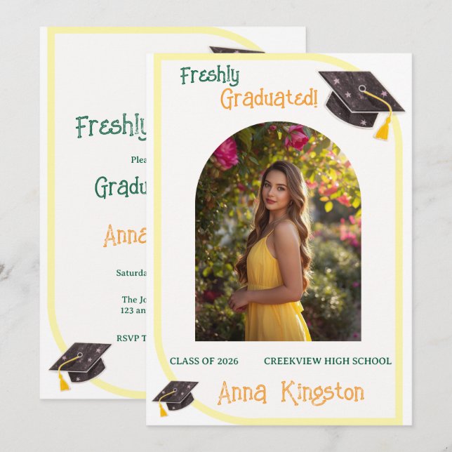 Invitación de graduación amarilla moderna (Anverso / Reverso)