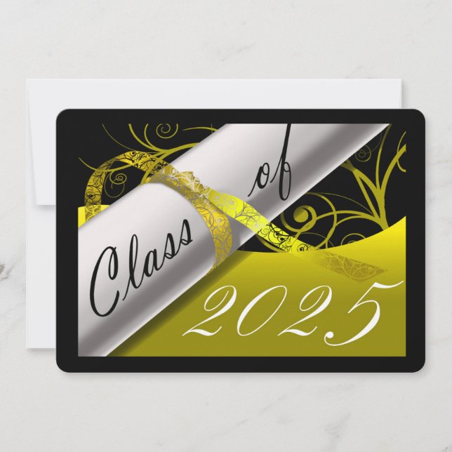 Invitación de graduación amarilla y negra (Anverso)