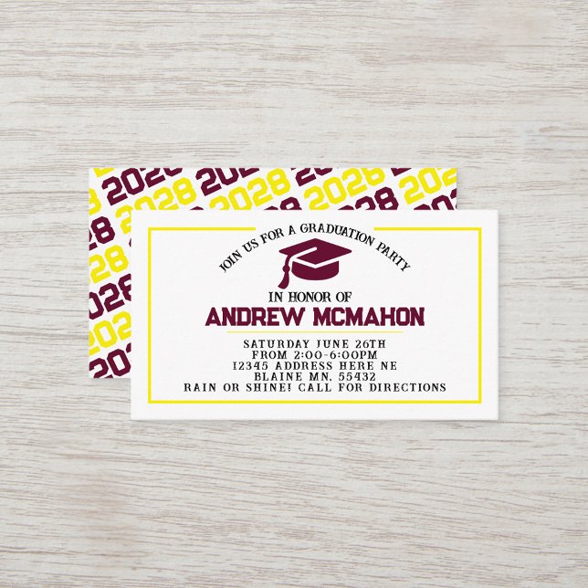 Invitación de graduación amarillo borgoñona Insert (Burgundy, White & Yellow Mini Graduation Invites for Friends, Team Mates or as Inserts!)