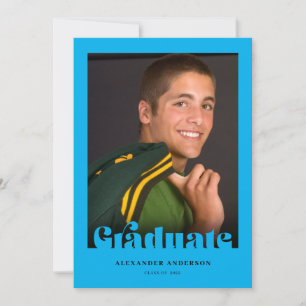 Invitación de graduación azul con texto retro mode