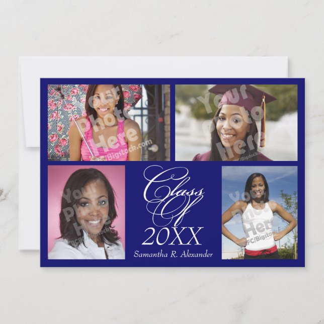 invitación de graduación azul de 4 Collages de fot (Anverso)