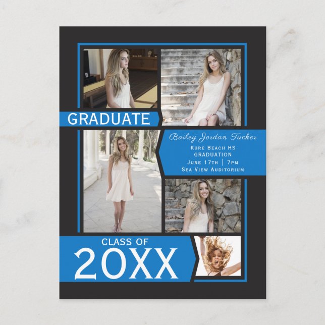 Invitación de graduación azul de 5 Collages de fot (Anverso)