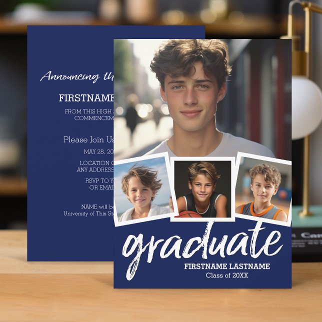 Invitación de graduación azul de la Marina con 4 f (Classic Graduation Announcement and Party Invitation with 4 Photos)
