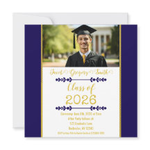 Invitación de graduación azul marino con dorado
