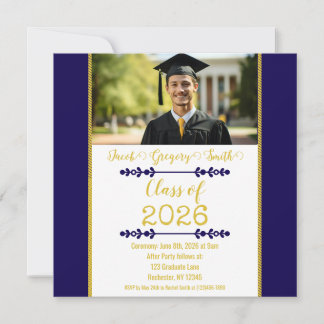 Invitación de graduación azul marino con dorado