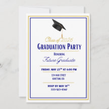 Invitación de graduación azul marino y dorado