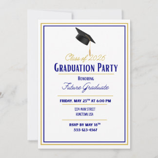 Invitación de graduación azul marino y dorado