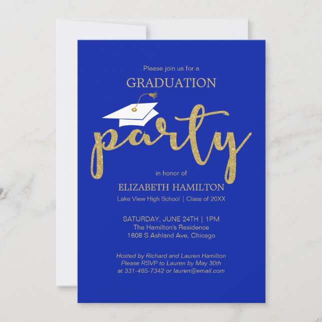 Invitación de graduación azul y dorada para la pro (Anverso)