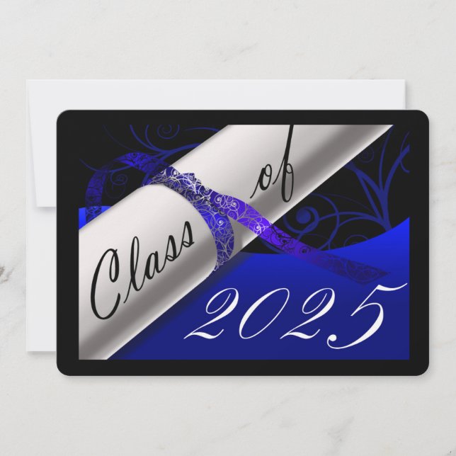 Invitación de graduación azul y negro (Anverso)