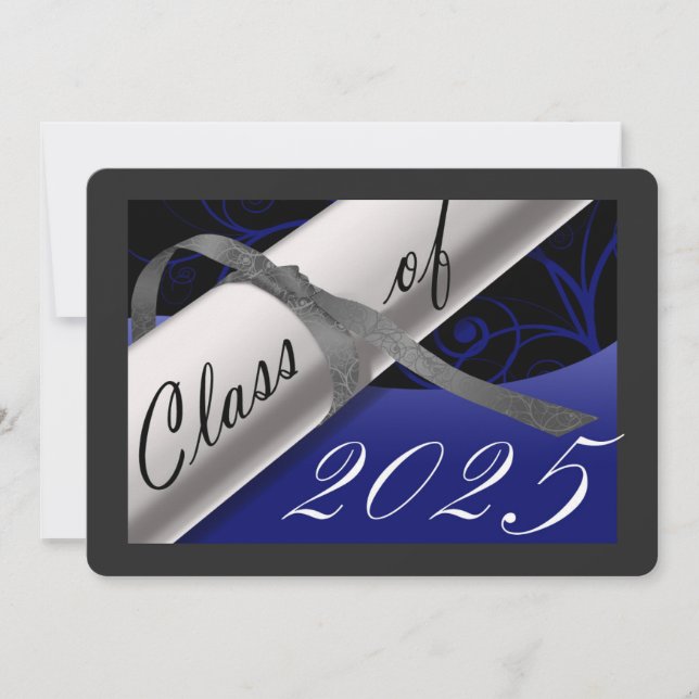 Invitación de graduación azul y plateado (Anverso)