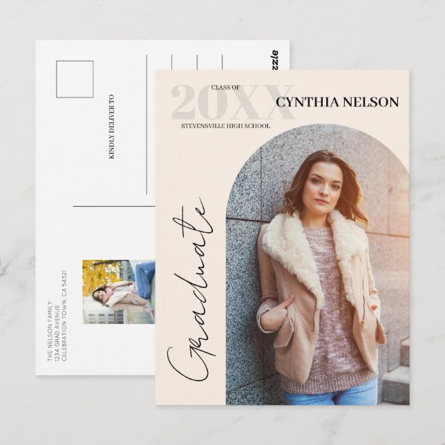 Invitación de graduación Beige de foto arca simple (Anverso / Reverso)