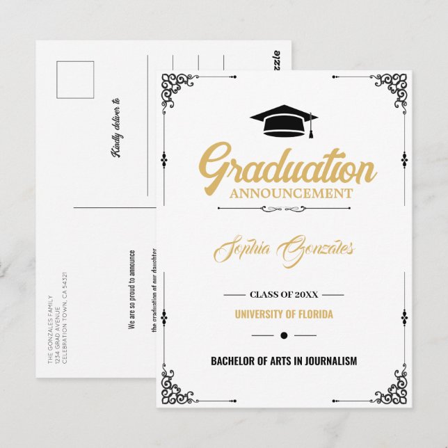 Invitación de graduación blanca de guiones clásico (Anverso / Reverso)
