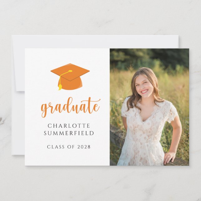 Invitación de graduación blanca de simple Naranja  (Anverso)